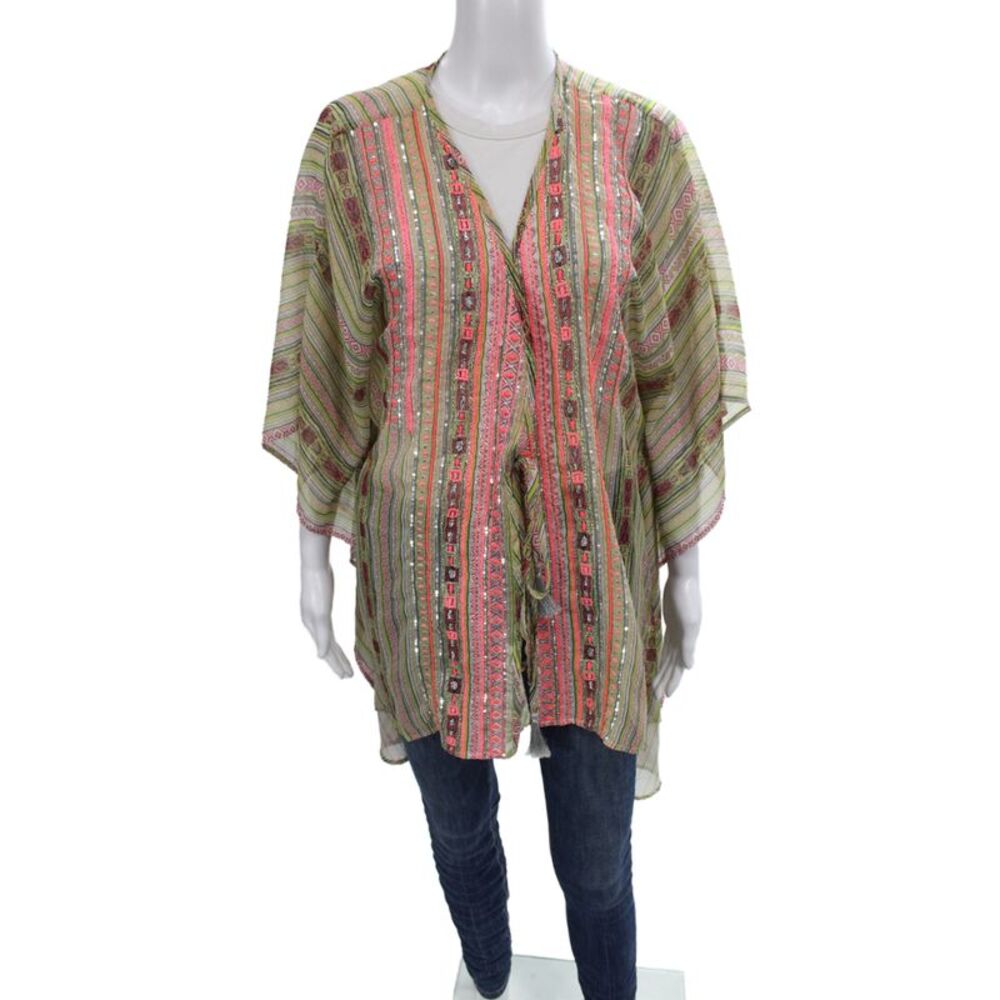 Ramy Brook Womens Kimono Blouse Green Striped V-Neck 3/4 Sleeve Tie Size M